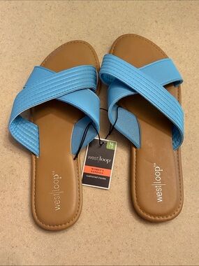 west loop Blue Crisscross Slide Sandals with Tan Footbed NWT